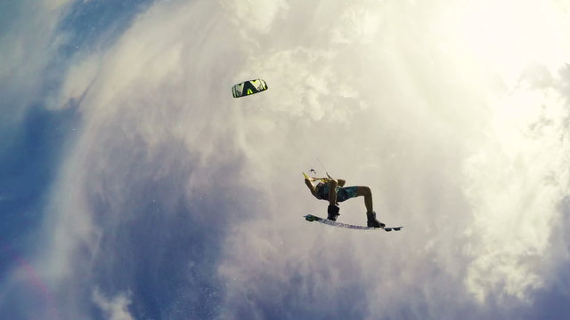 Big Air Kitesurfing in Ocean. Extreme Summer Sport HD. Slow Motion.