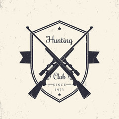 Hunting Club vintage emblem, logo, crossed hunting rifles, with grunge texture, vector illustration