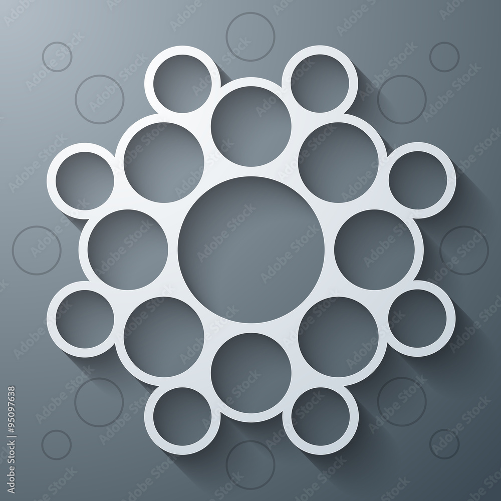 Poster abstract infographics symmetrical white circles mandala shape with shadow on grey background