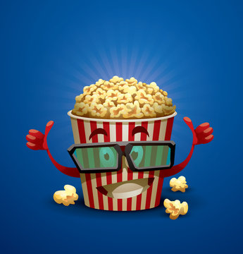 Vector Popcorn Bucket in 3D glasses. Image of red and white striped bucket in 3D glasses filled with yellow popcorn on a bright blue background.
