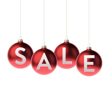Red 3d christmas Baubles with sale label. Vector illustration