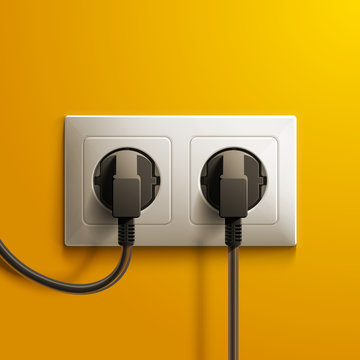 Realistic electric white double socket and two black plastic plugs on yellow wall background