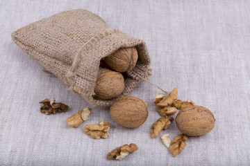 walnuts in canvas bag closeup