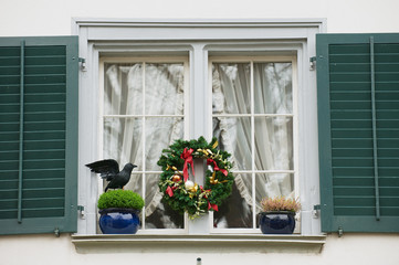Exterior of the window with Christmas decorations in Zurich, Switzerland.