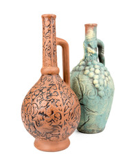Clay wine jugs or pitchers isolated on white