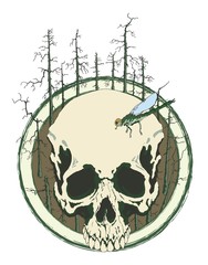 Skull with and Forest and Dragonfly