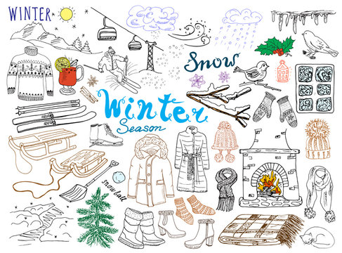 Winter season set doodles elements. Hand drawn set with glass hot wine, boots, clothes, fireplace, mountains, ski and sladge, warm blanket, socks and hats, and lettering words. Drawing set, isolated
