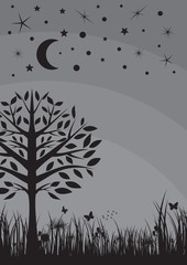 Midnight silhouette tree, grass, moon and stars