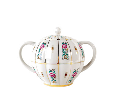 Porcelain sugar bowl with ornament of roses  in retro style