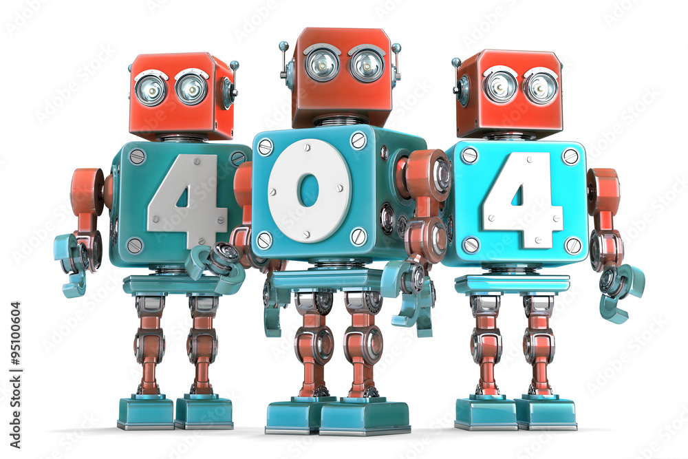 Poster group of vintage robots with 404 sign. isolated. contains clipping path