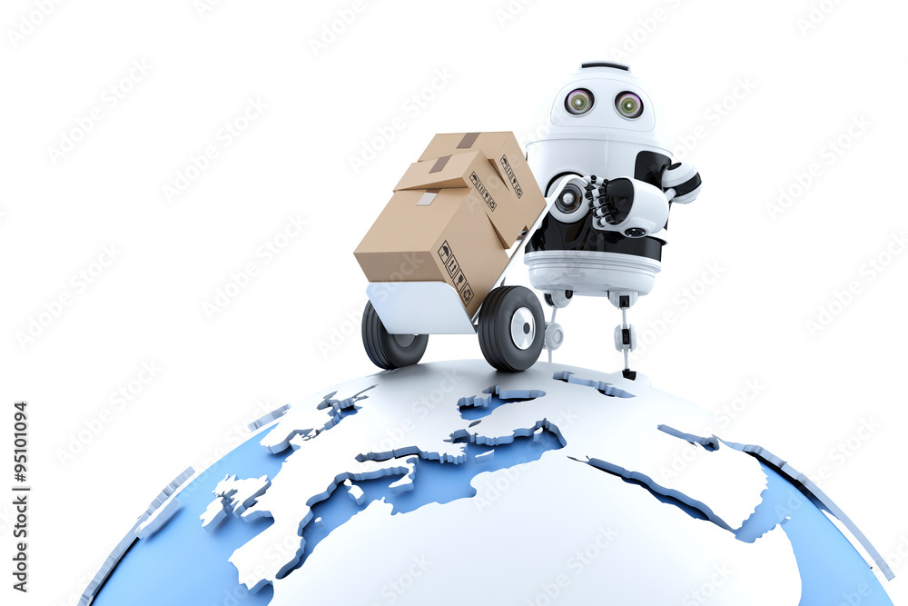 Poster robot with parcel. global delivery service. isolated with clipping path