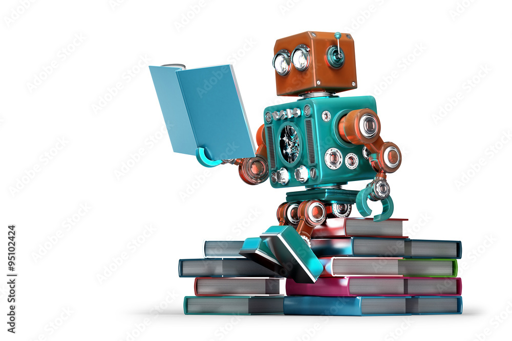 Poster retro robot reading a book. isolated. contains clipping path