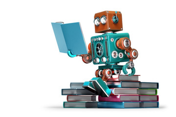 Retro robot reading a book. Isolated. Contains clipping path - obrazy, fototapety, plakaty