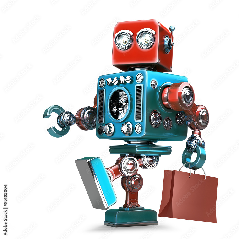 Poster retro robot with shopping cart. isolated. contains clipping path