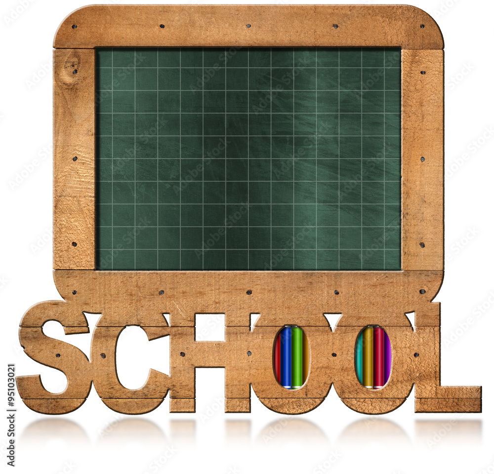 Poster old empty blackboard with text school / old empty and green blackboard with wooden rectangular frame