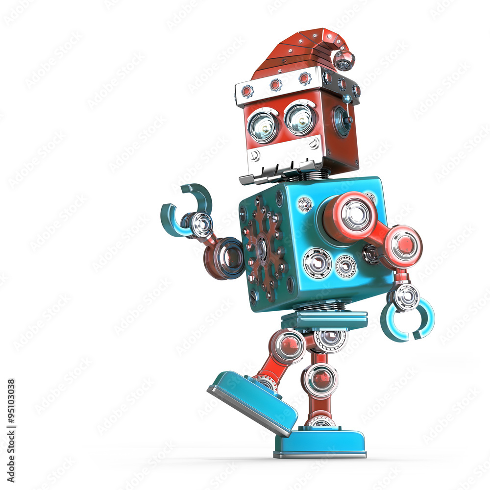 Poster walking robot santa. isolated. contains clipping path
