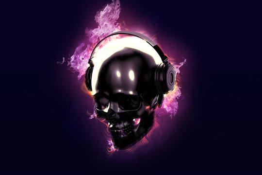 Burning skull with headphones.