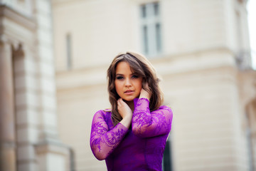 Fototapeta premium beautiful girl in purple blue dress