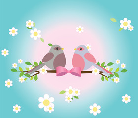 Two pigeons on a tree branch. Spring background with flowers. Vector