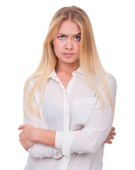 Closeup portrait of sad and depressed woman isolated on white