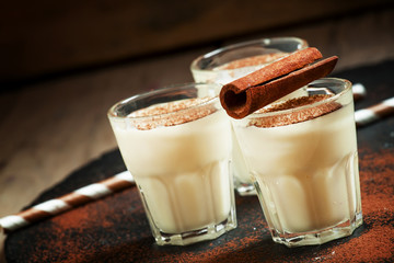 Traditional winter eggnog  with milk, rum and cinnamon, sprinkle