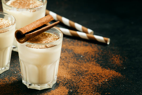 Traditional Winter Eggnog  With Milk, Rum And Cinnamon, Sprinkle