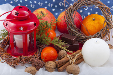 beautiful Christmas  composition of the candlestick, apples, nut