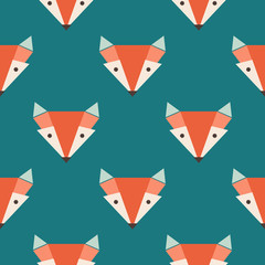 Cute foxes seamless vector pattern. Orange fox's head on blue background
