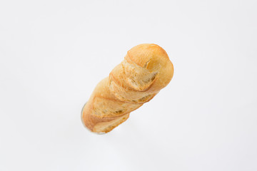 French bread baguette on a white background, made from flour. baking, top view, side view. space for text ..