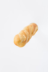 French bread baguette on a white background, made from flour. baking, top view, side view. space for text ..