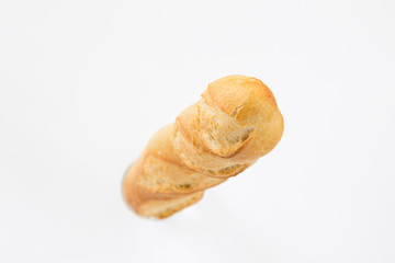 French bread baguette on a white background, made from flour. baking, top view, side view. space for text ..