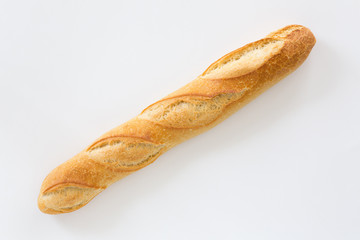 French bread baguette on a white background, made from flour. baking, top view, side view. space for text ..