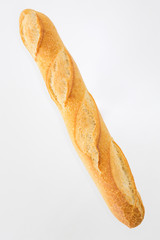 French bread baguette on a white background, made from flour. baking, top view, side view. space for text ..