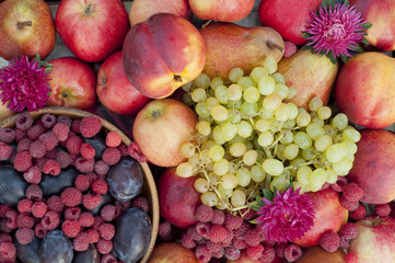 Naklejka na ściany i meble many plums, raspberries, pears, nectarines and grapes close-ups