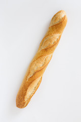French bread baguette on a white background, made from flour. baking, top view, side view. space for text ..