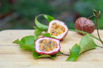 Passion fruit on wooden background