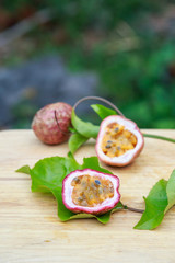 Passion fruit on wooden background