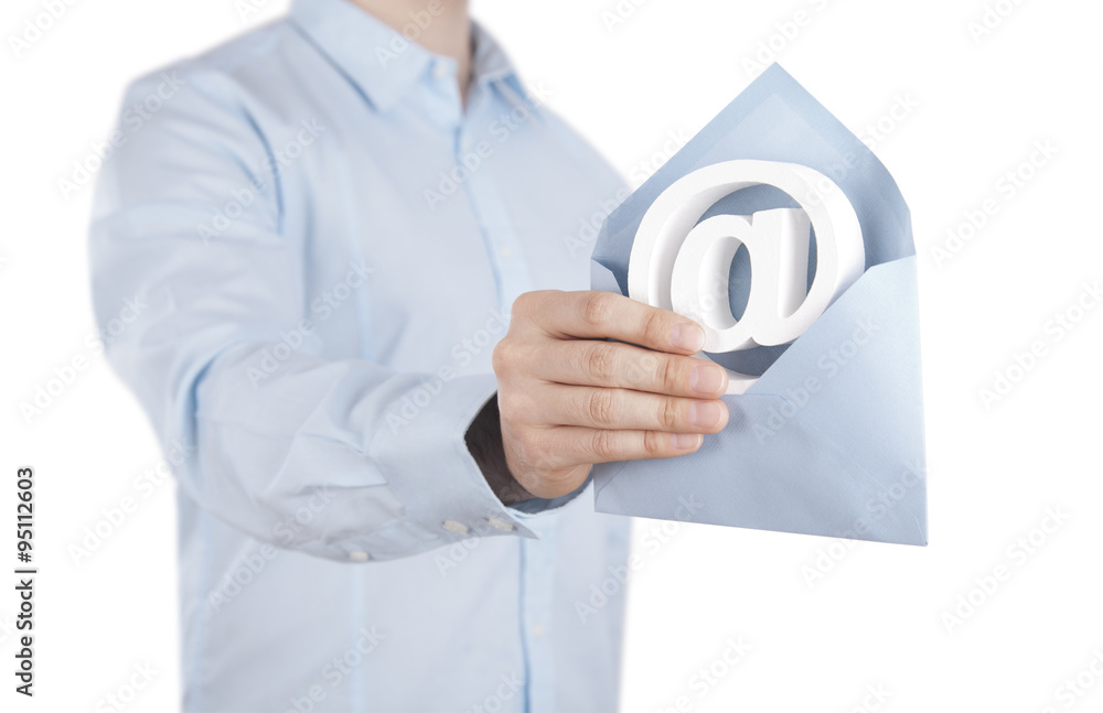 Poster e-mail symbol with envelope in hand. clipping path included.