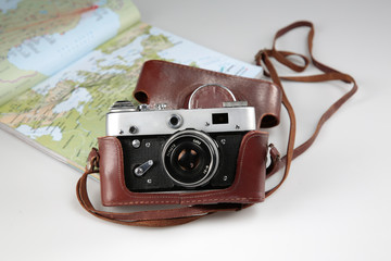 old photo camera with map