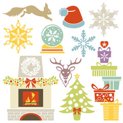 Set of flat Christmas design elements and icons isolated