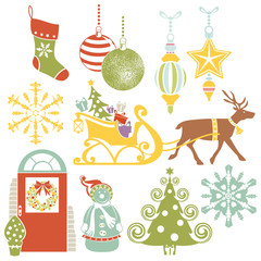 Set of flat Christmas design elements and icons isolated