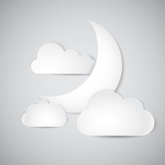 Vector 3d paper night sky with clouds and young moon, realistic looking illustration