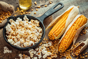 Prepared popcorn in frying pan, corn seeds in bowl and corncobs - 95117470