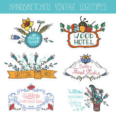 Vintage floral logotypes set.Doodle hand sketchy