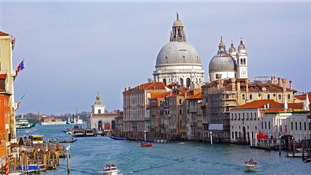 Venice, Accademia bridge view to boats floating 