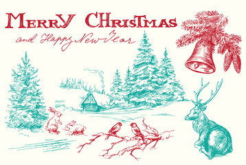 Hand drawn vintage Christmas card