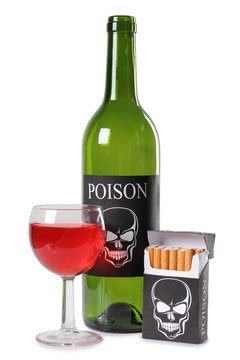 Pack of cigarettes and a bottle of wine