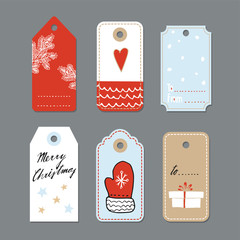 Set of cute christmas gift tags, labels, hand drawn illustrations, vectors