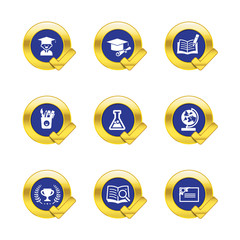 Gold circle and check mark with education icons isolated on whit