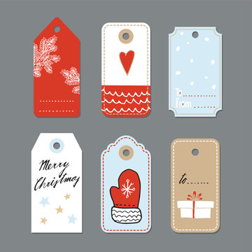 Set of cute christmas gift tags, labels, hand drawn illustrations, vectors